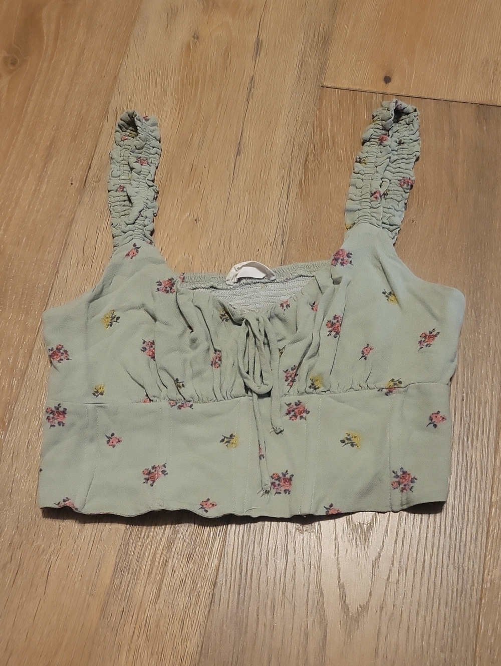 Altard State Floral Smocked Strap Cropped Tank Top - Sage Green Small